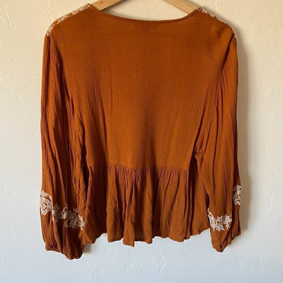 American Eagle Embroidered Peasant Top Burnt Orange Boho Hippie XS - Picture 7 of 7
